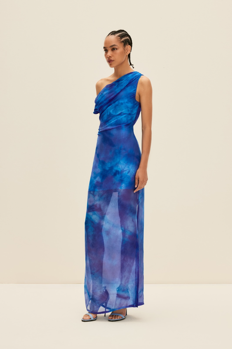 OFF-SHOULDER MAXI DRESS IN HAND-DYED BLUE - CULT MIA