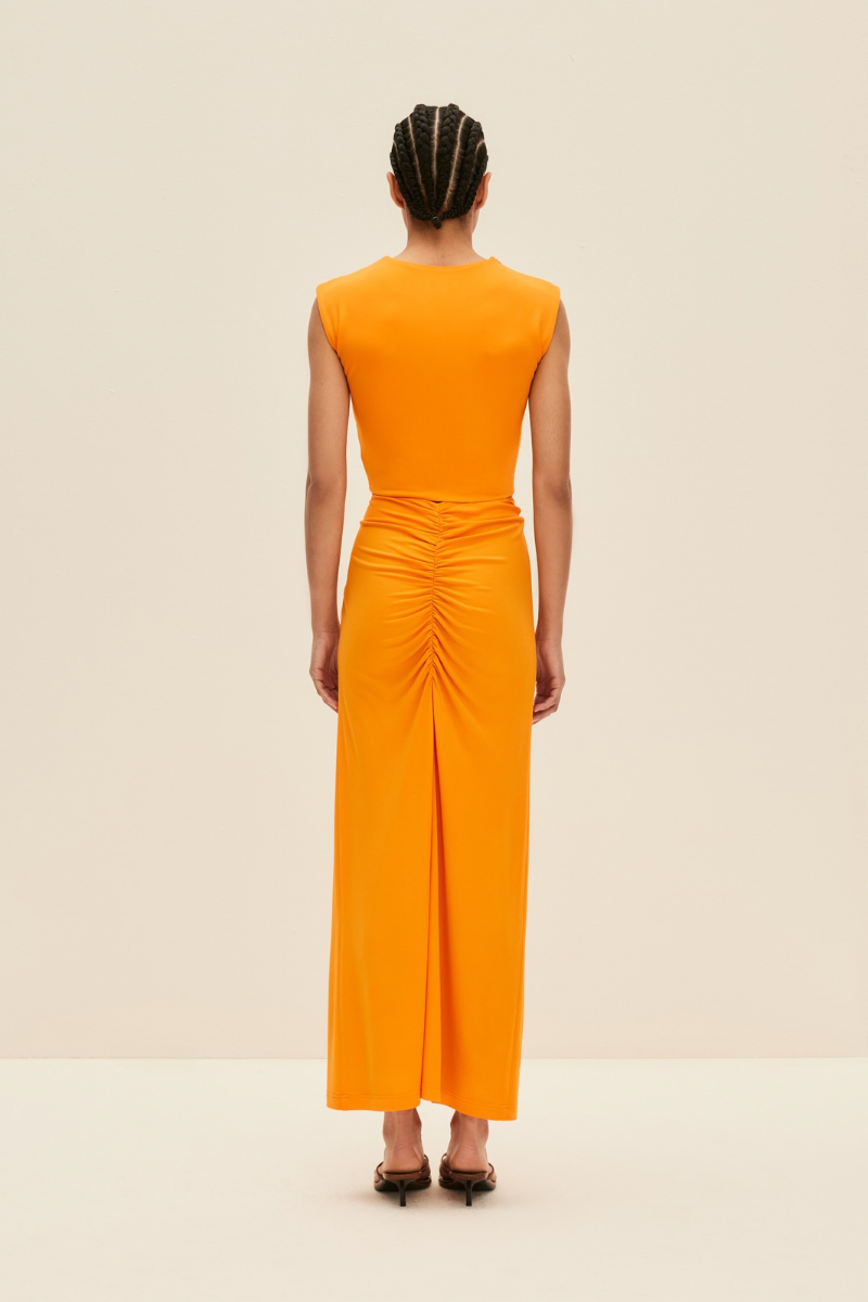 RUCHED MIDI SKIRT IN BRIGHT ORANGE - CULT MIA