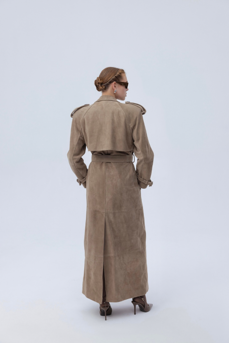 Sand-colored suede coat by Santa Brands, featuring a stylish collar and button details, displayed on a hanger.