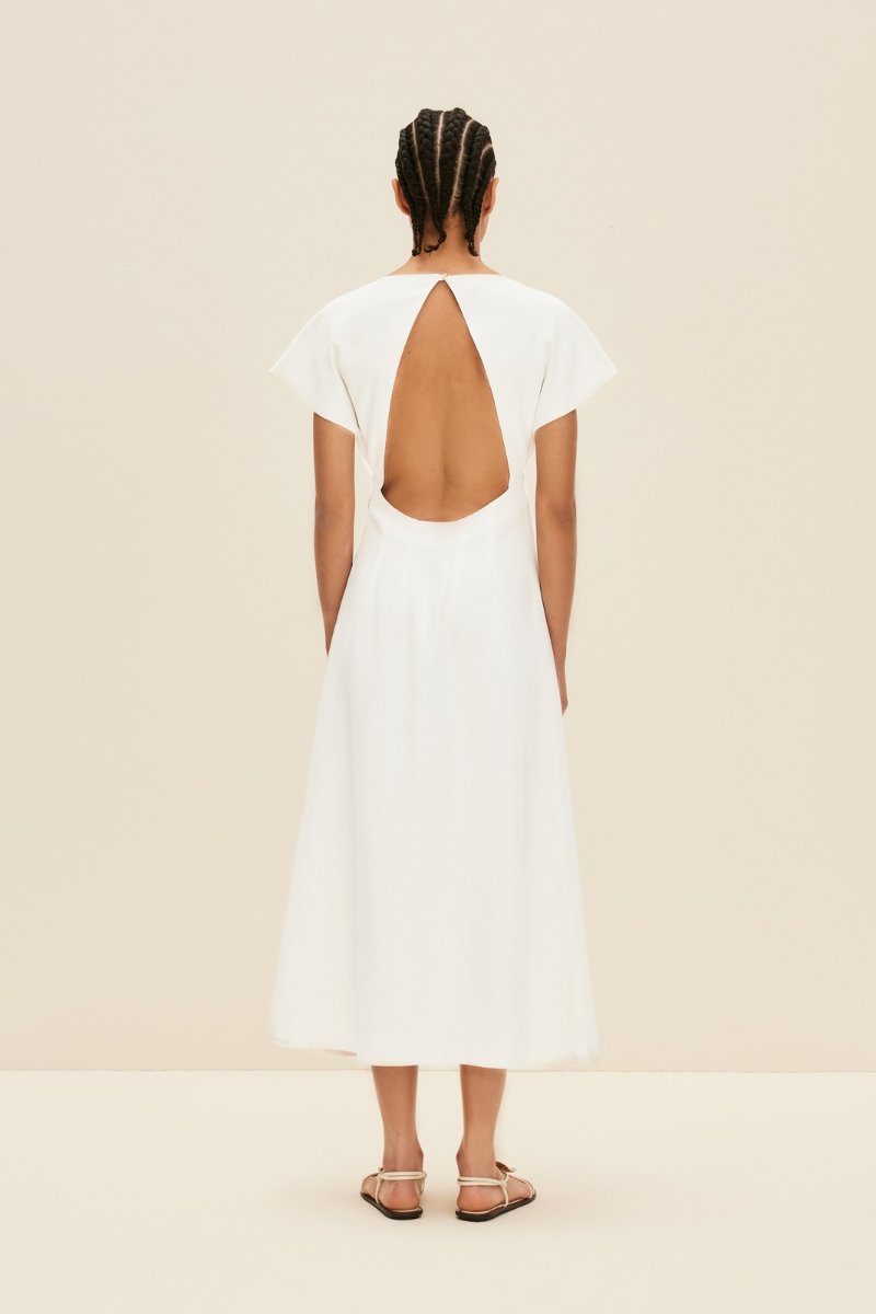 OPEN BACK MIDI DRESS IN PEARL WHITE - CULT MIA
