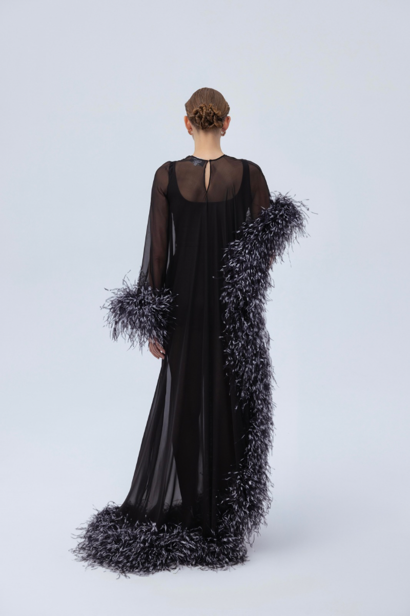 feather sleeve maxi dress Ivory Coast Sequin Embellished Feather Trim Long Sleeve Maxi Wedding Dress