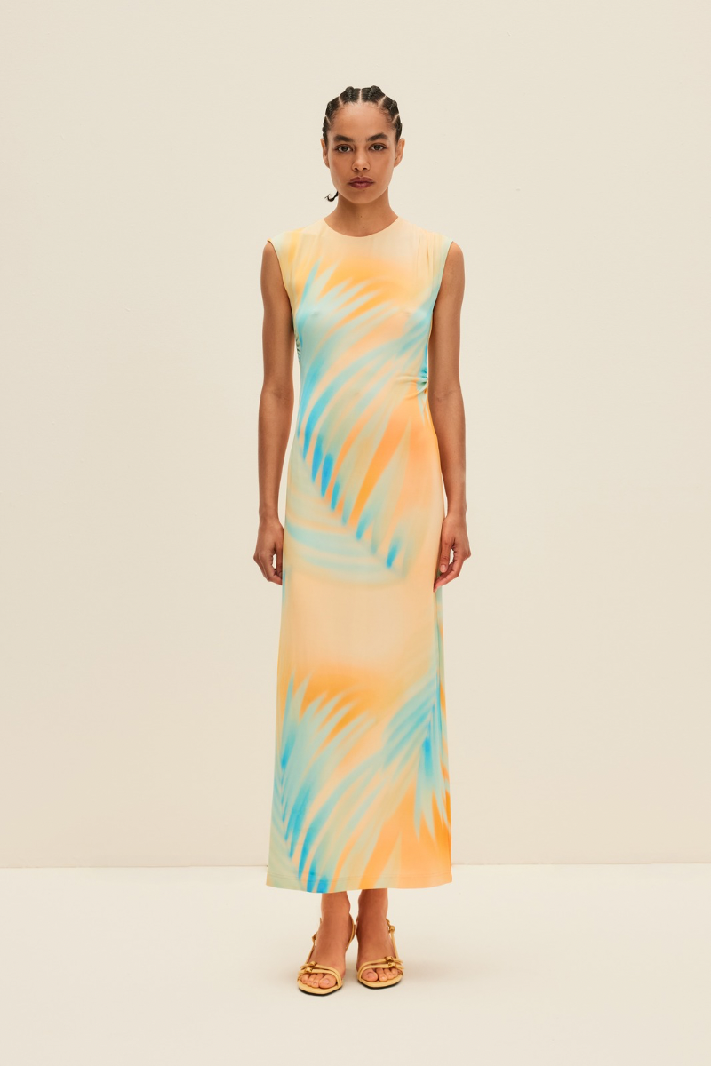 STRETCH-JERSEY DRESS IN TROPICAL SUNSET PRINT - CULT MIA