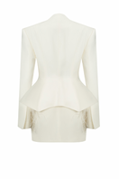 Ivory feather Basque jacket by Santa Brands, stylish outerwear with feather detailing and structured design.