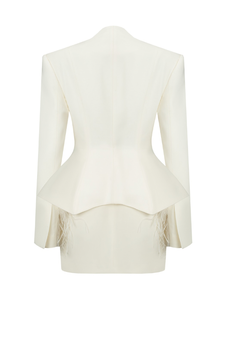Ivory feather Basque jacket by Santa Brands, stylish outerwear with feather detailing and structured design.