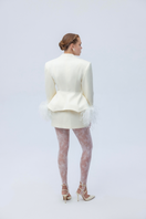 Ivory feather Basque jacket by Santa Brands, stylish outerwear with feather detailing and tailored fit.