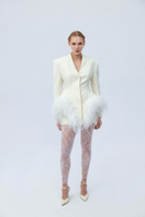 Ivory feather Basque jacket by Santa Brands, stylish outerwear with feather detailing and tailored fit for a sophisticated look.