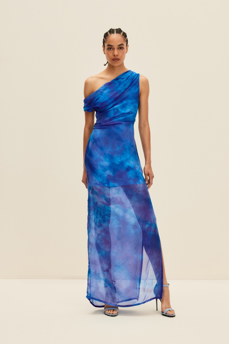 OFF-SHOULDER MAXI DRESS IN HAND-DYED BLUE - CULT MIA