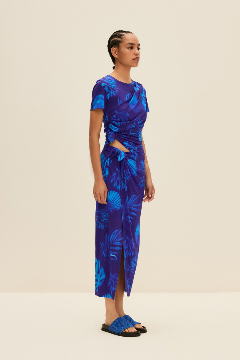 WRAP-STYLE MIDI SKIRT IN CYANOTYPE PRINT - CULT MIA