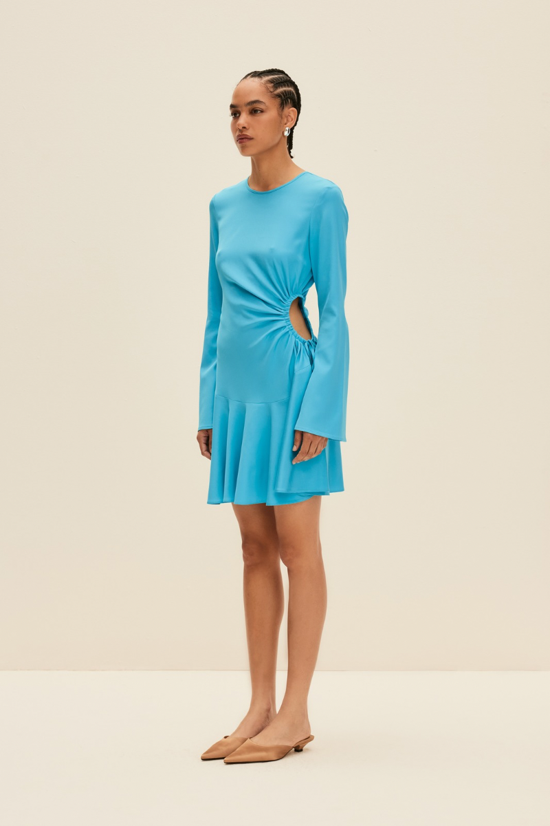 CUTOUT SILK DRESS IN TURQUOISE BLUE - CULT MIA