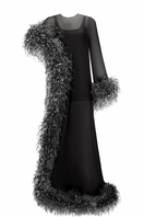 Elegant jade maxi feather gown by Santa Brands featuring flowing fabric and feather details, perfect for formal occasions.