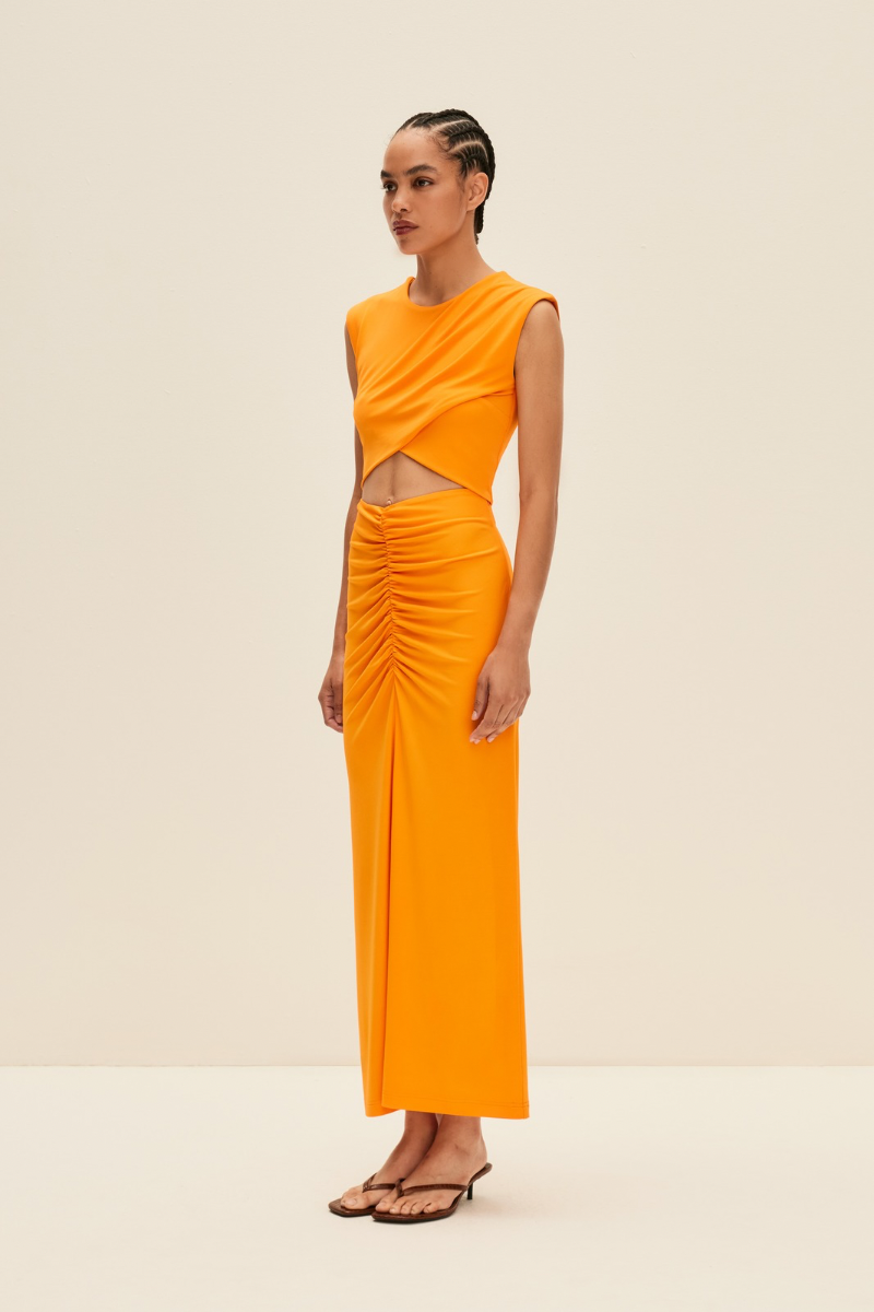 RUCHED MIDI SKIRT IN BRIGHT ORANGE - CULT MIA