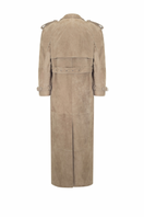 Sand-colored suede coat by Santa Brands, displayed on a mannequin, showing the classic collar and button-front design.