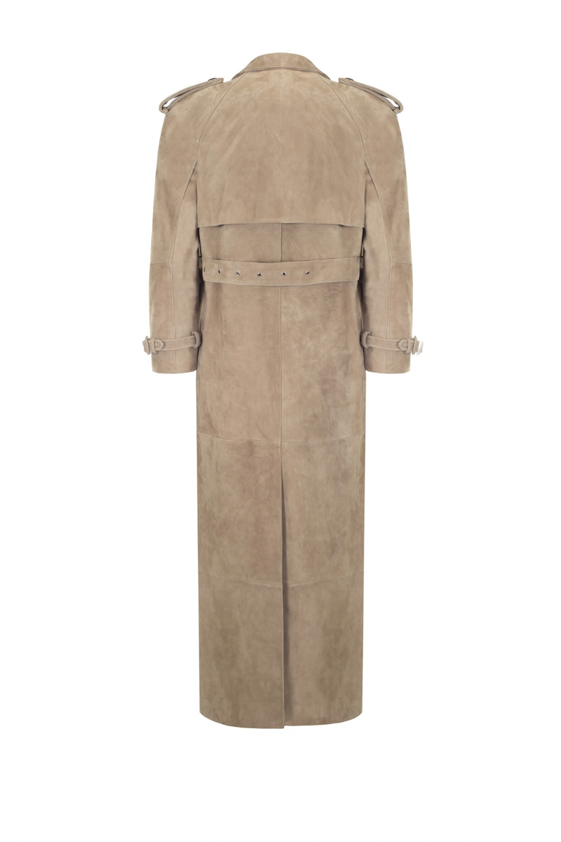 Sand-colored suede coat by Santa Brands, displayed on a mannequin, showing the classic collar and button-front design.