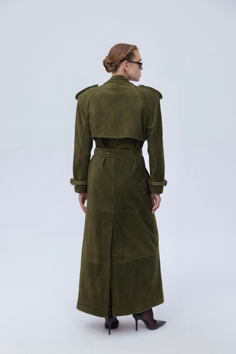 Santa Brands suede coat in crocodile pattern, showcasing a stylish, textured brown coat with a sleek collar and tailored fit.