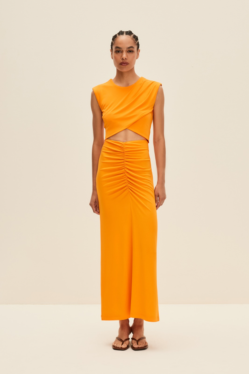 RUCHED MIDI SKIRT IN BRIGHT ORANGE - CULT MIA