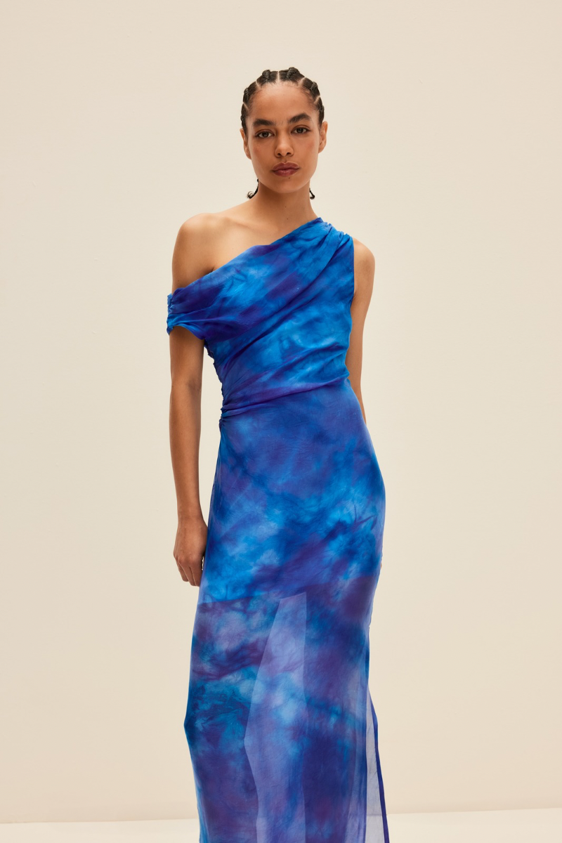 OFF-SHOULDER MAXI DRESS IN HAND-DYED BLUE - CULT MIA