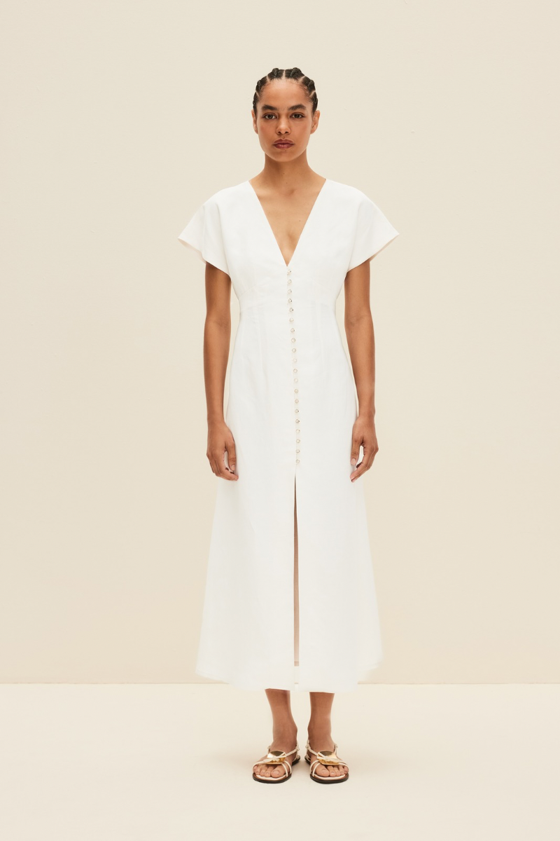 OPEN BACK MIDI DRESS IN PEARL WHITE - CULT MIA