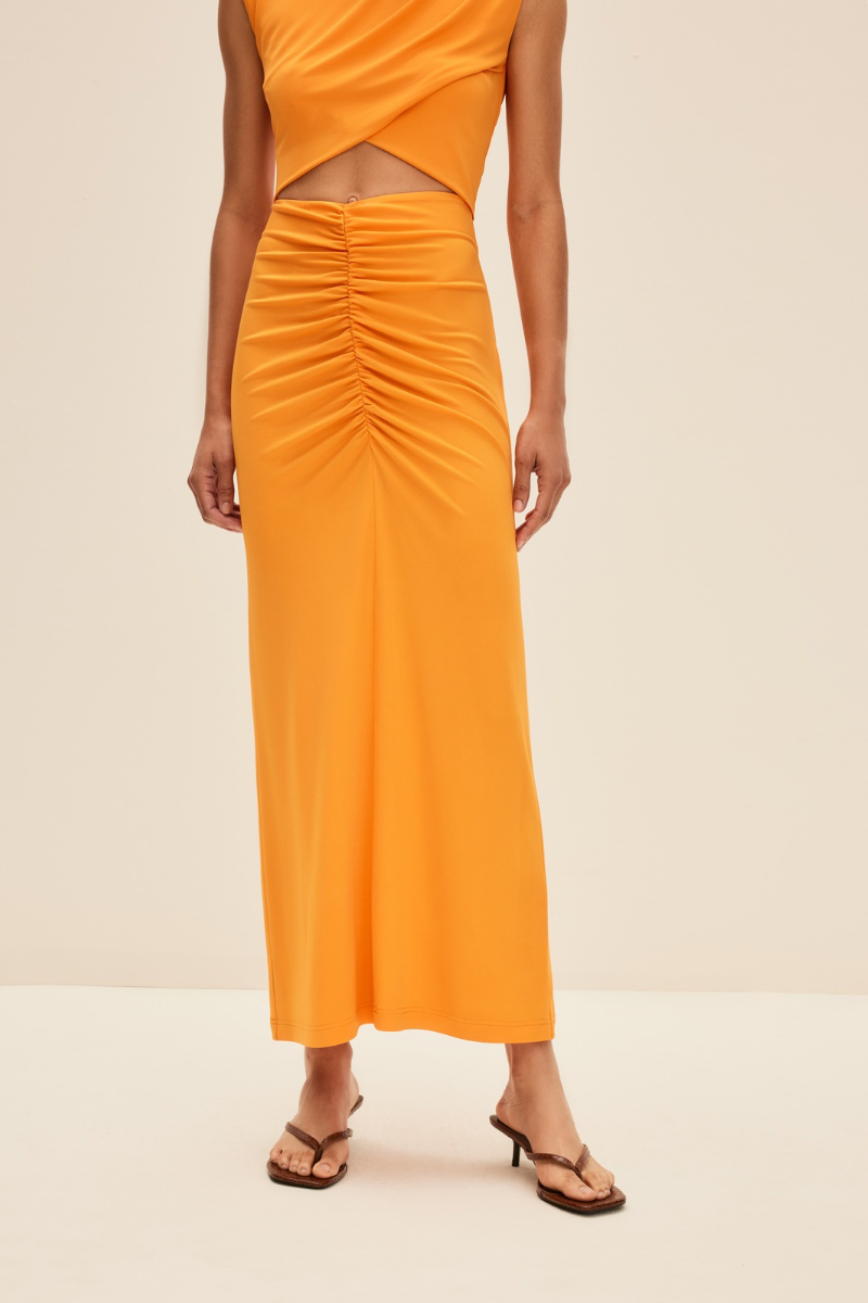 RUCHED MIDI SKIRT IN BRIGHT ORANGE - CULT MIA