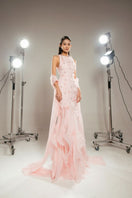 Pink layered organza maxi gown by Happy Clothing featuring flowing fabric and elegant design, perfect for formal occasions.