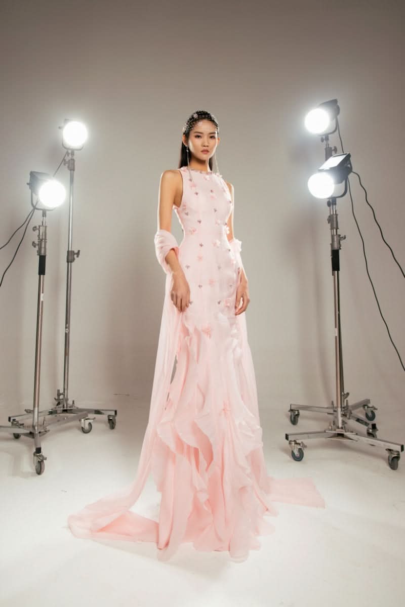 Pink layered organza maxi gown by Happy Clothing featuring flowing fabric and elegant design, perfect for formal occasions.