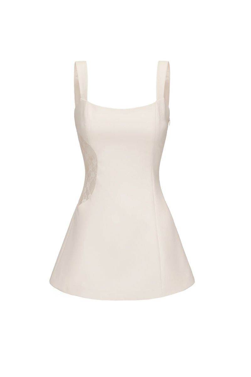 White Nana Jacqueline Selena mini dress, sleeveless with a fitted bodice and flared skirt, displayed on a hanger.