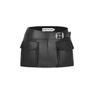 Black faux leather racing belt mini skirt from Stolen Stores featuring a sleek, fitted design and racing-inspired details.