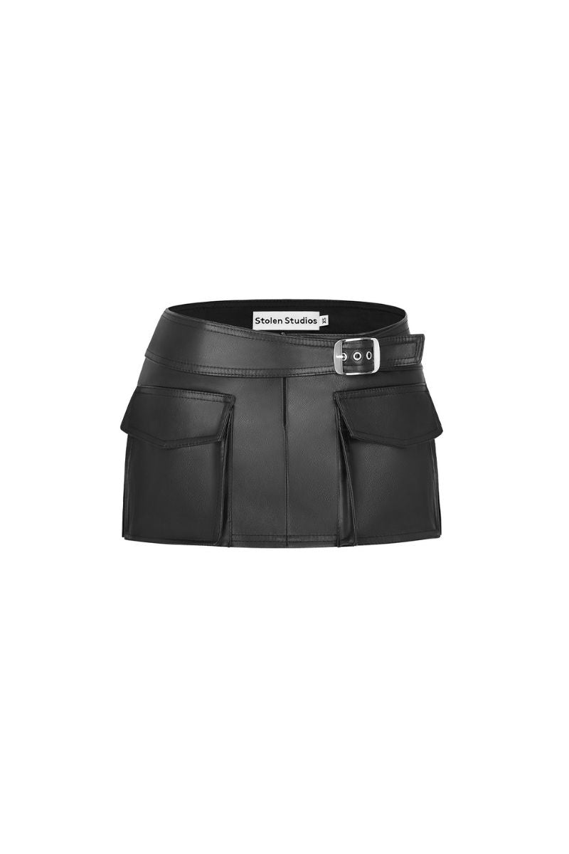FAUX LEATHER BLACK RACING BELT MINI SKIRT - CULT MIA