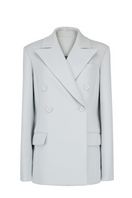 Grayson padded shoulder jacket by Maison Des Copains, showing the stylish gray jacket with padded shoulder design and front zipper.