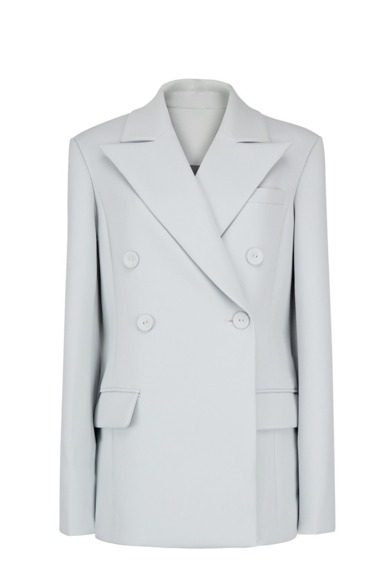 Grayson padded shoulder jacket by Maison Des Copains, showing the stylish gray jacket with padded shoulder design and front zipper.