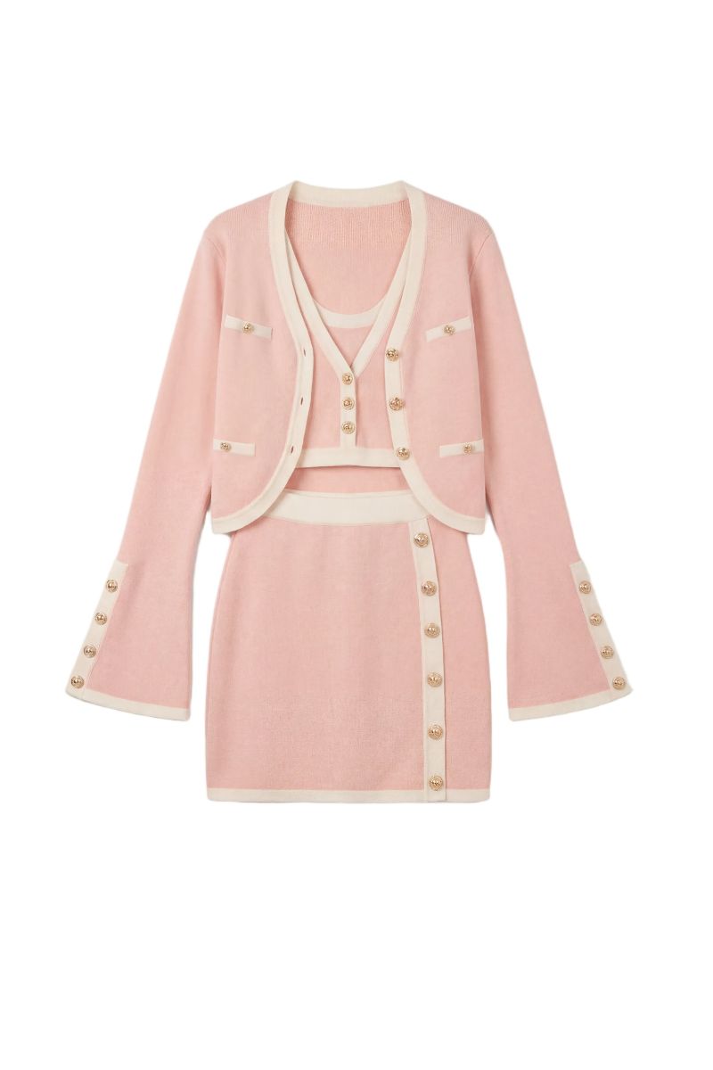 Nana Jacqueline Lisette knit co-ord set in pink, featuring a fitted top and matching pants, styled for a casual chic look.