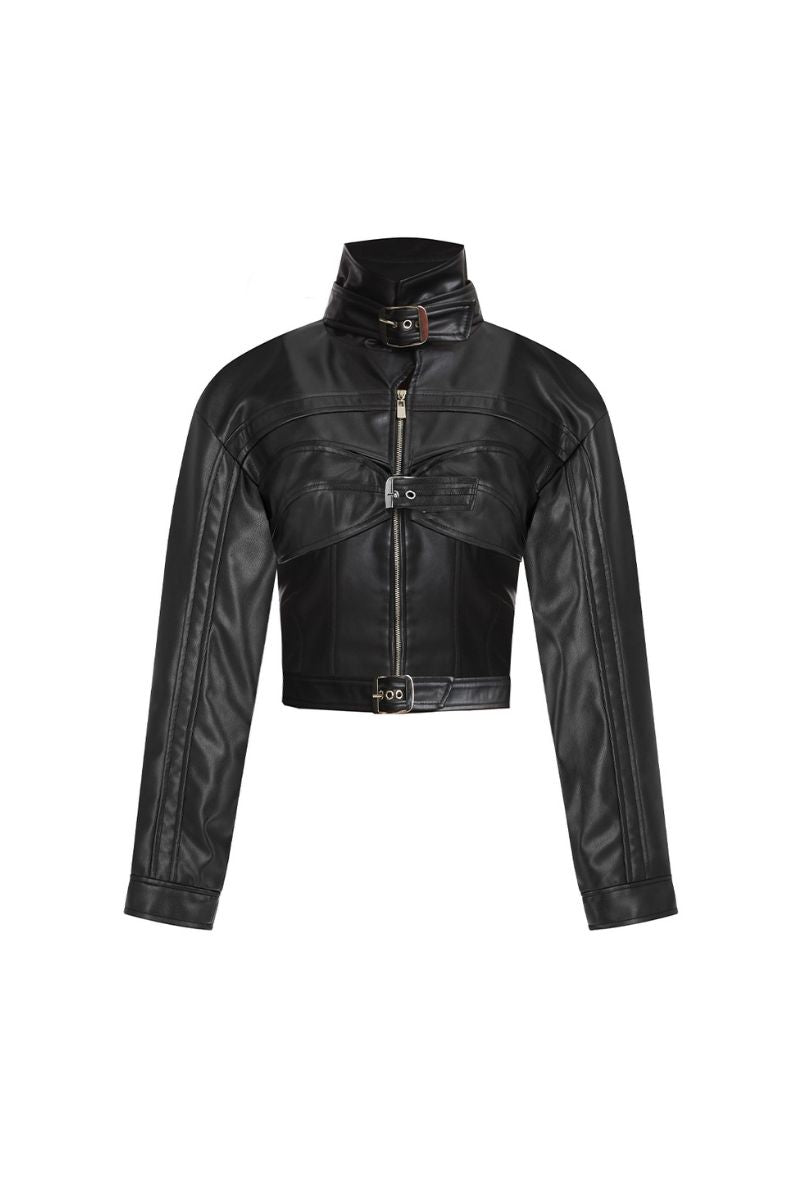 FAUX LEATHER BLACK RACING BELT JACKET - CULT MIA