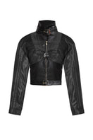 Black faux leather racing belt jacket from Stolen Stores featuring a sleek, fitted design with racing-inspired details.
