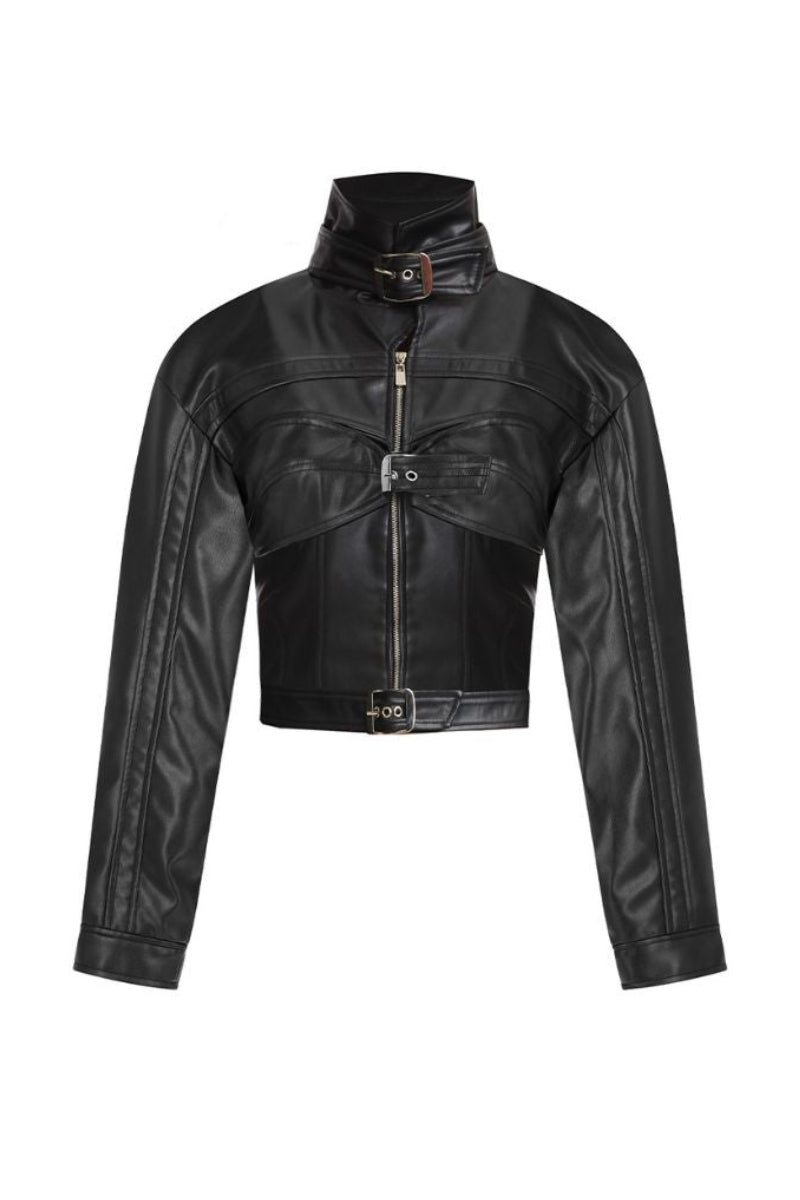 Black faux leather racing belt jacket from Stolen Stores featuring a sleek, fitted design with racing-inspired details.