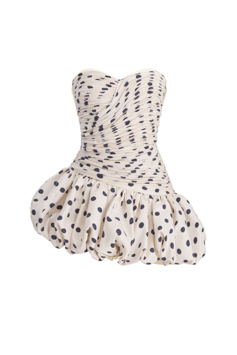 Stolen Stores balloon polka dot mini dress with puff sleeves and a fitted waist, featuring a playful polka dot pattern.