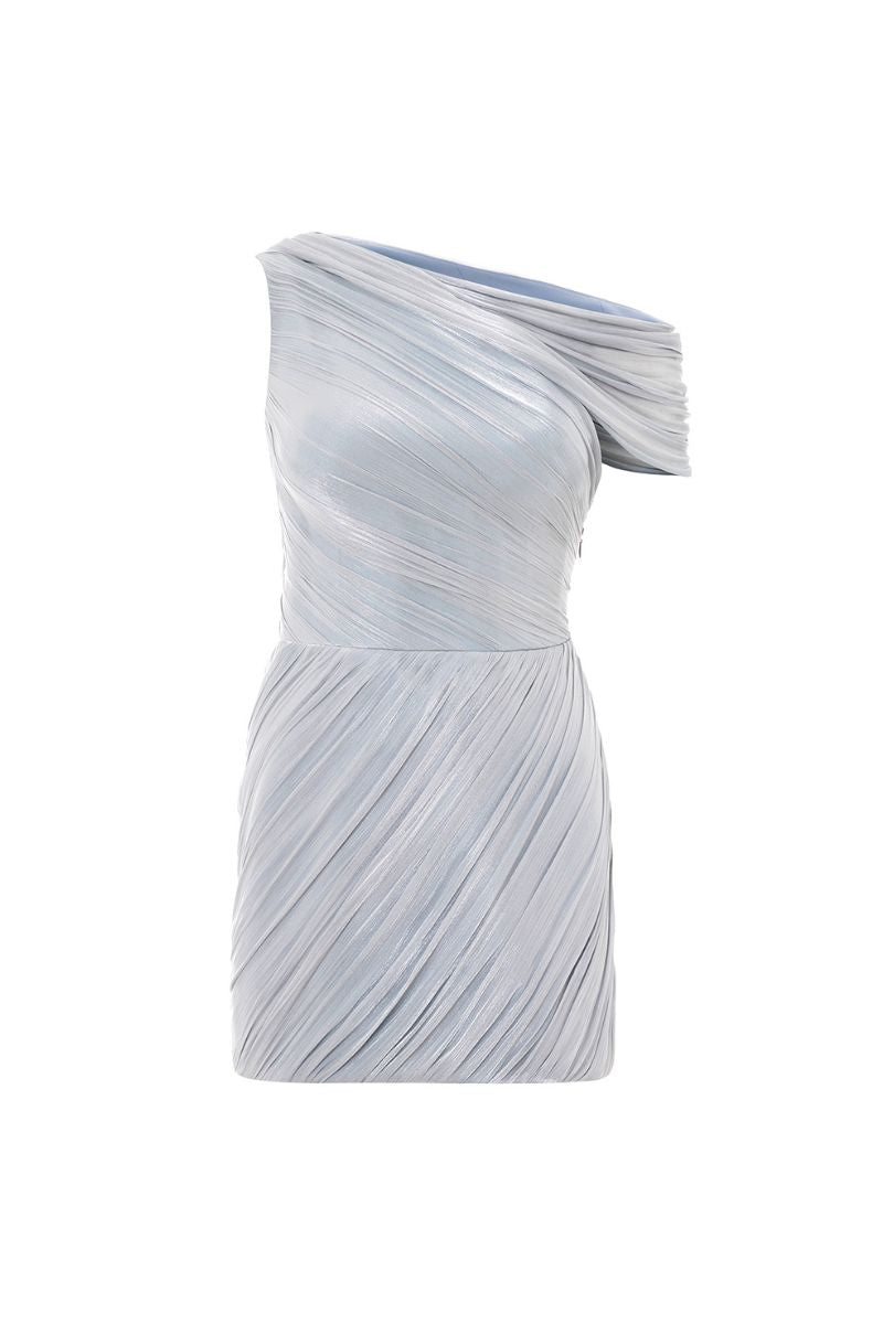 فستان منسدل بكتف واحد باللون الأزرق الفاتح