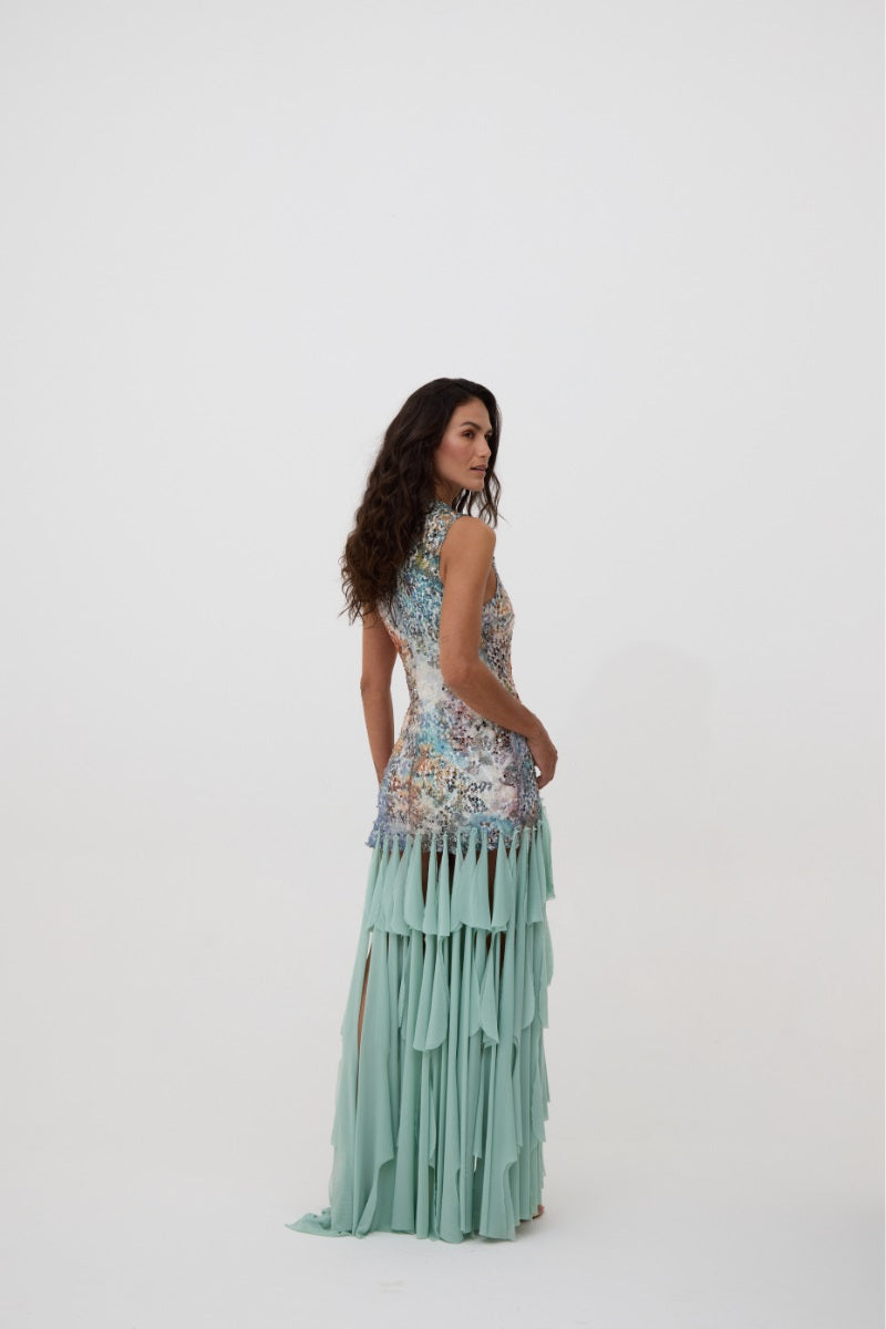 Kontenta Marina mint maxi dress with flowing fabric and sleeveless design, ideal for elegant summer parties.