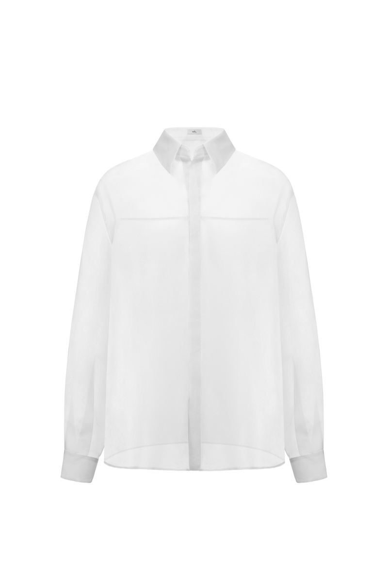 Light beige LECIA oversize organza shirt with long sleeves, button front, and relaxed fit, shown on a hanger.