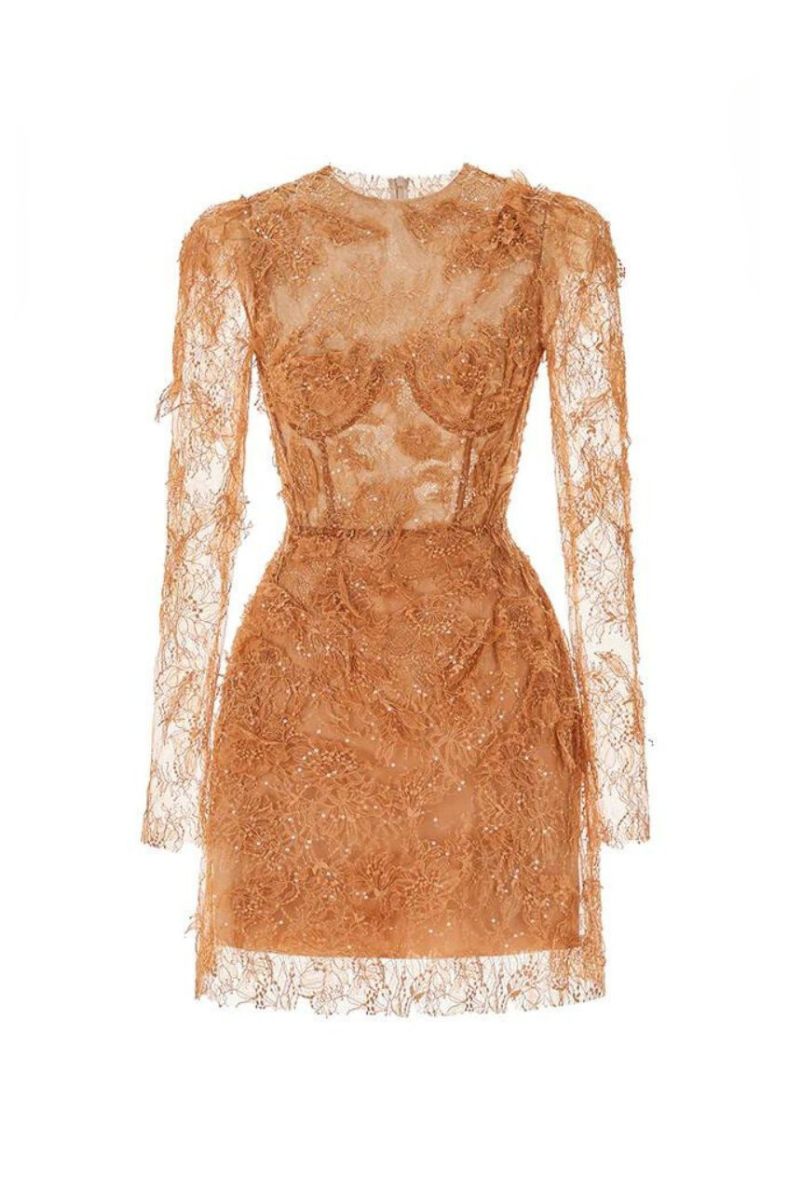 فستان ميني دانتيل مزيّن بالخرز الذهبي