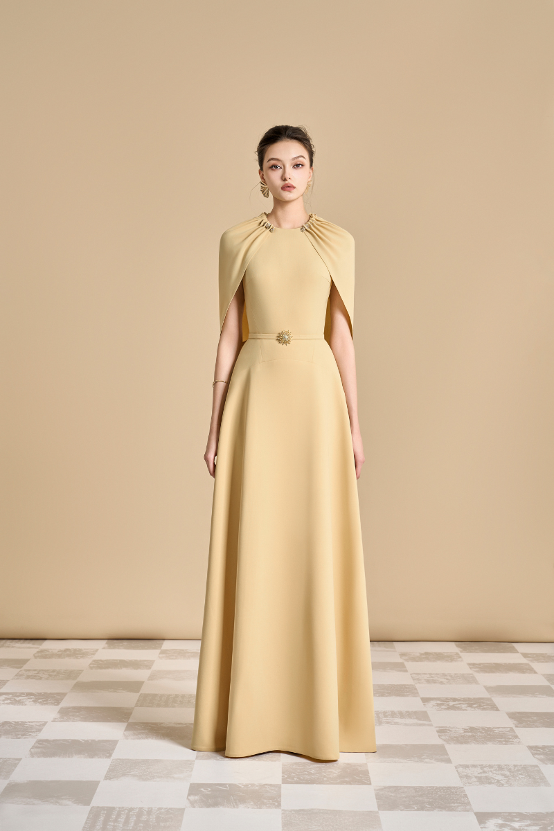 JASMINE A-LINE CAPE SLEEVED FLOOR LENGTH DRESS - CULT MIA