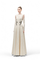 Maison Des Copains celestial blue A-line gown with cold shoulder lace sleeves and a floor-length design.
