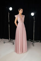 Pink organza A-line cold shoulder maxi gown by Happy Clothing with flowing fabric and elegant design.