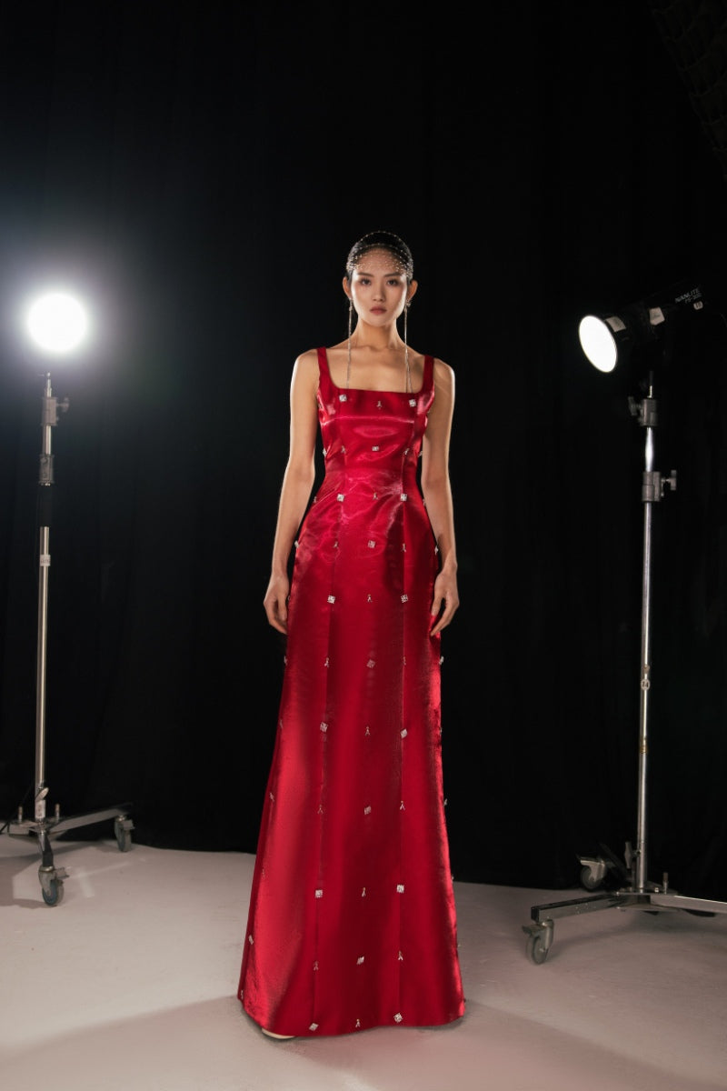 HAPPY CLOTHING RED SQUARE NECK TAFFETA MAXI DRESS | Cult Mia HAPPY CLOTHING RED SQUARE NECK TAFFETA MAXI DRESS | Cult Mia