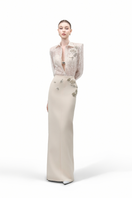 Maison Des Copains VIONNE straight bead crepe floor-length maxi skirt displayed on a hanger, featuring a sleek, elegant design.