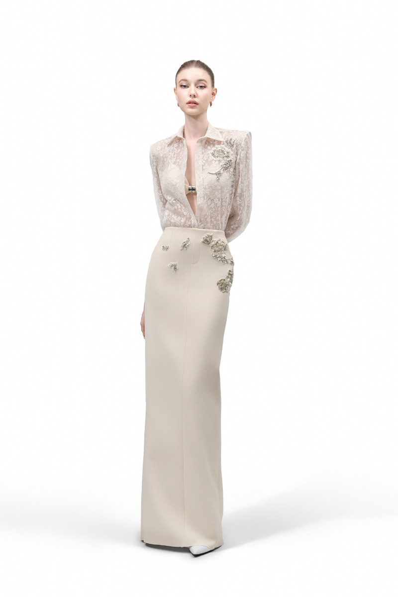 Maison Des Copains VIONNE straight bead crepe floor-length maxi skirt displayed on a hanger, featuring a sleek, elegant design.