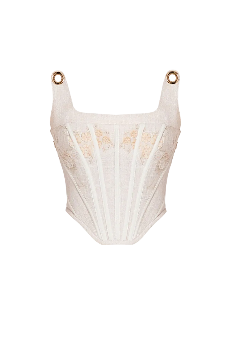 Maison Des Copains Morgan V-Line Strappy Corset top with adjustable straps and fitted design, shown on a white background.