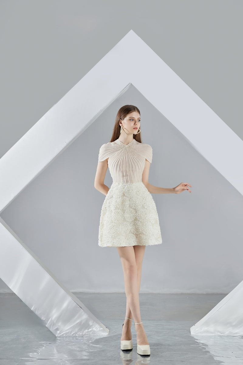 MELINA BEIGE A-LINE ORGANZA MINI DRESS - CULT MIA