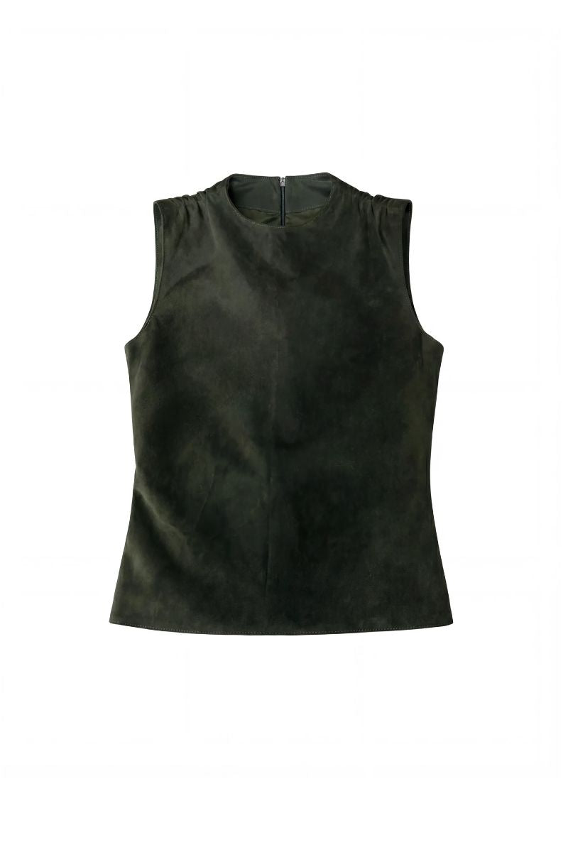 Olive green ZUT Arlington top displayed flat with short sleeves and V-neck, showcasing its casual, stylish design.