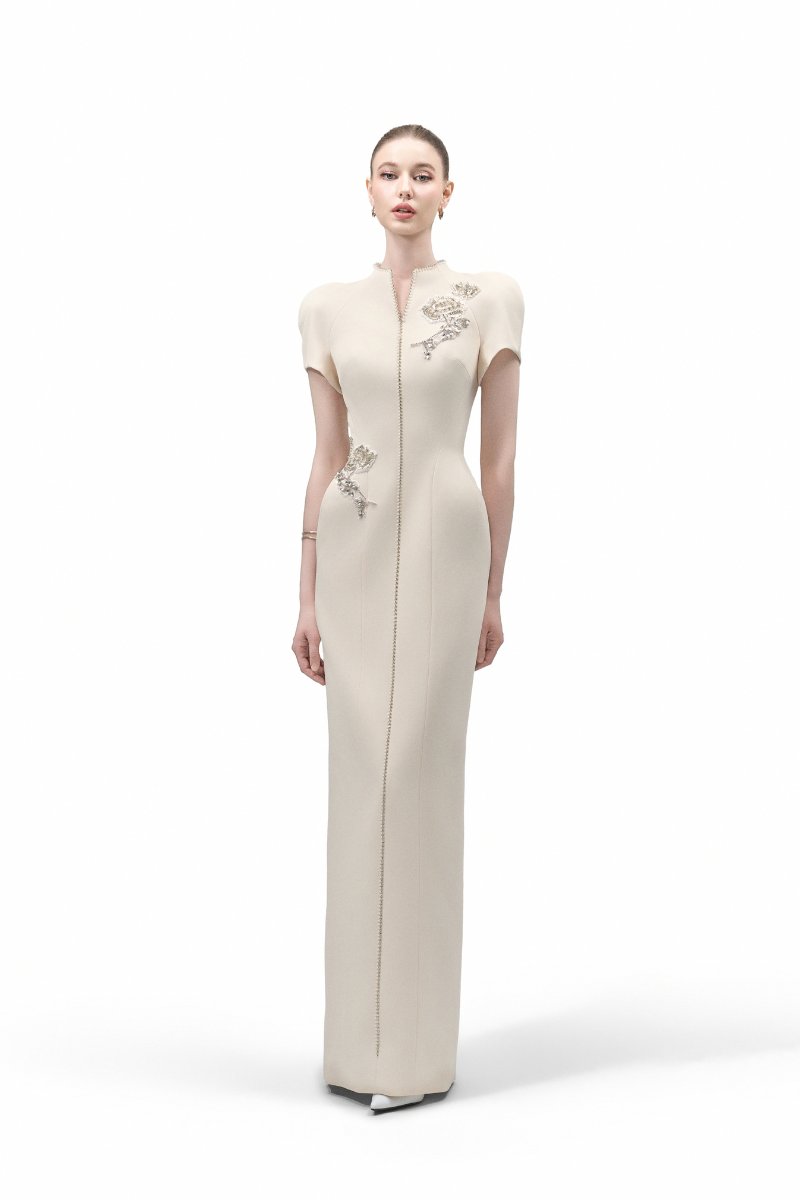 Maison Des Copains EIRLYS sheath puffy-sleeved crepe gown, floor-length dress with elegant silhouette and stylish design.