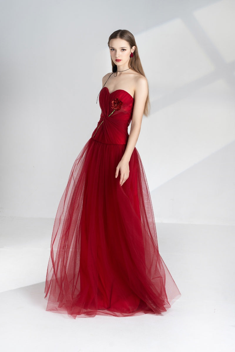 ALENA RED A-LINE SWEETHEART NECK MESH GOWN - CULT MIA