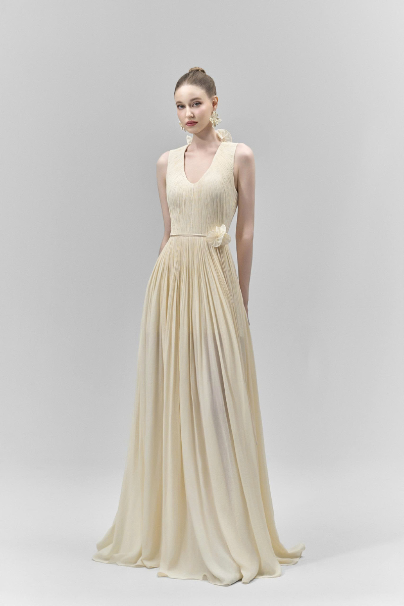 NASIR GATHERED SCOOP NECK TENCEL FLOOR LENGTH DRESS IN CREAM